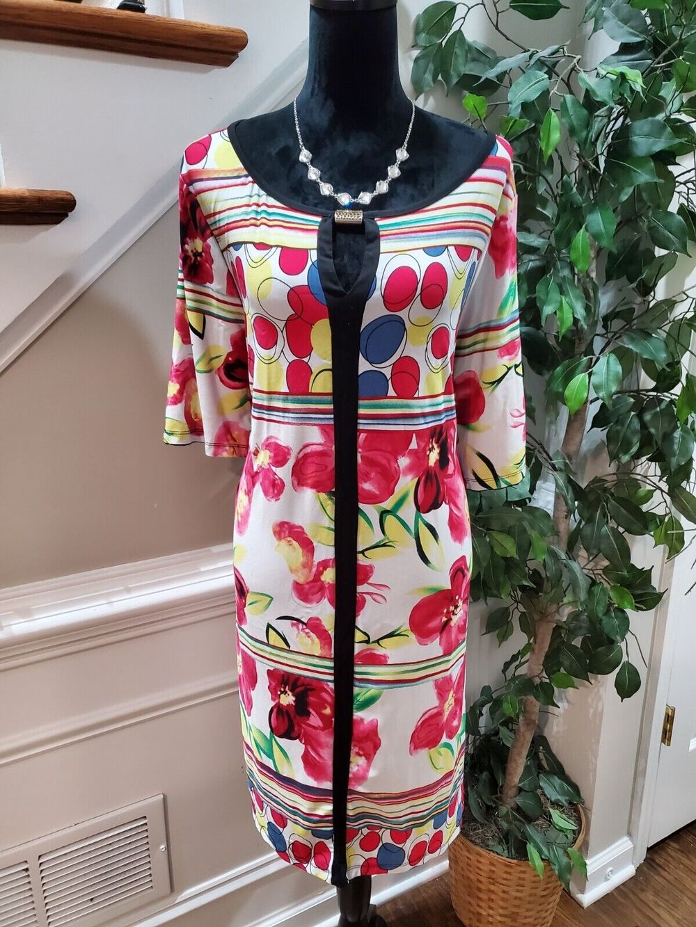 JSP Women Red & White Polyester Round Neck 3/4 Sleeve Knee Length Dress Size 2X